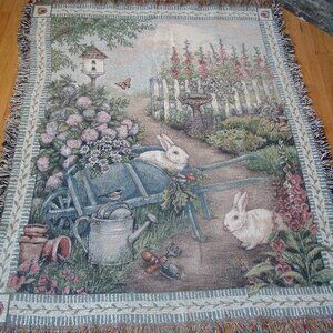 VTG Woodworkers and Weavers Tapestry Garden  Bunny Throw Blanket 48”x62” EUC